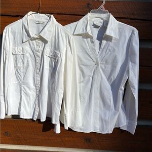 Lot of 2 women's white button down blouses. Size large.